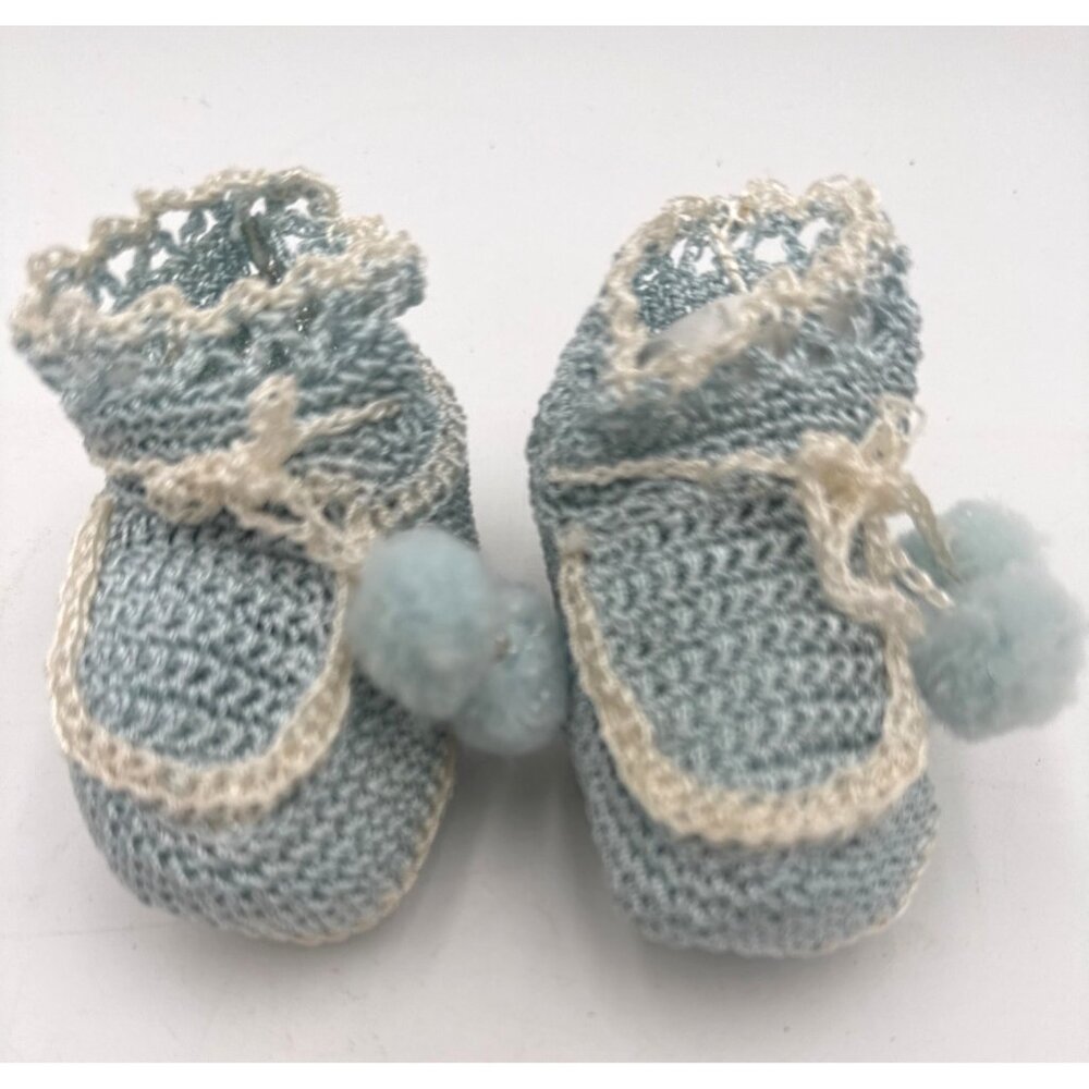 VTG Pair of Handcrafted Blue and White Crochet Baby Booties with Pom-Pom Ties